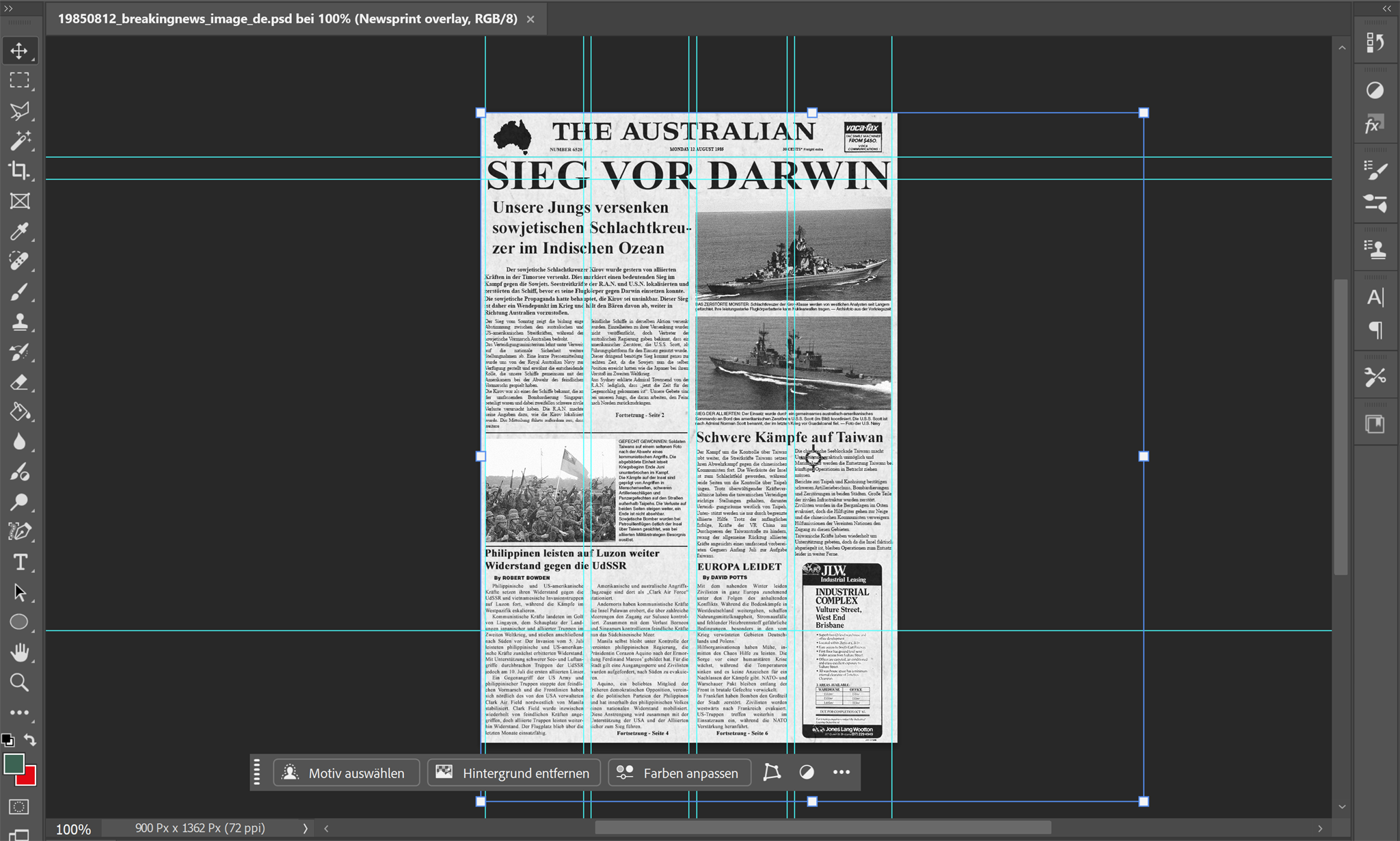 Bearbeitung einer fiktiven In-Game-Zeitungsseite für Sea Power in Photoshop