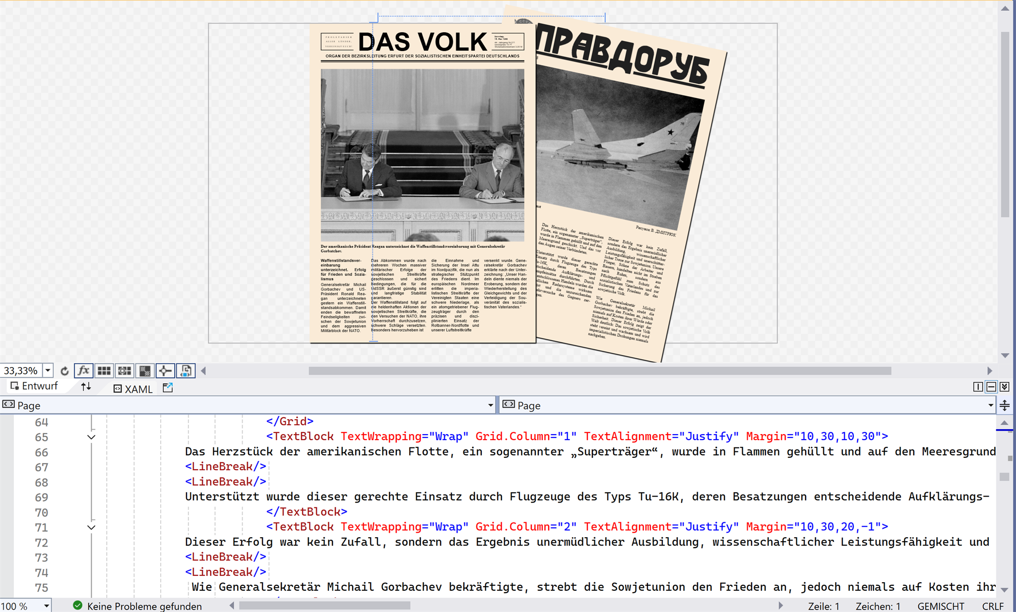 Zeitungsseite für Sea Power in Visual Studio mit Layoutvorschau und XML-Datei mit XAML-Strukturen